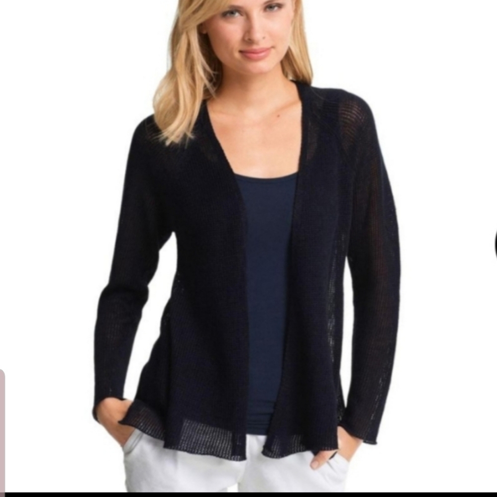 Eileen Fisher Navy Blue Linen Mesh Open Cardigan